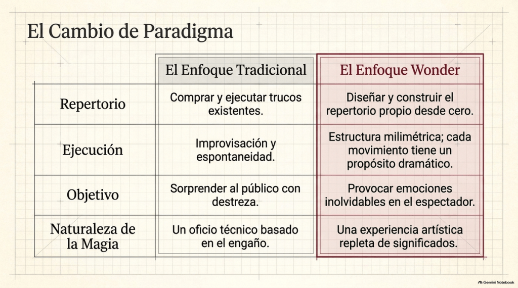 Tabla comparativa del enfoque tradicional vs enfoque Wonder