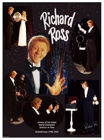 Cartel conmemorativo de Richard Ross con escenas de sus números de anillas, globo y relojes