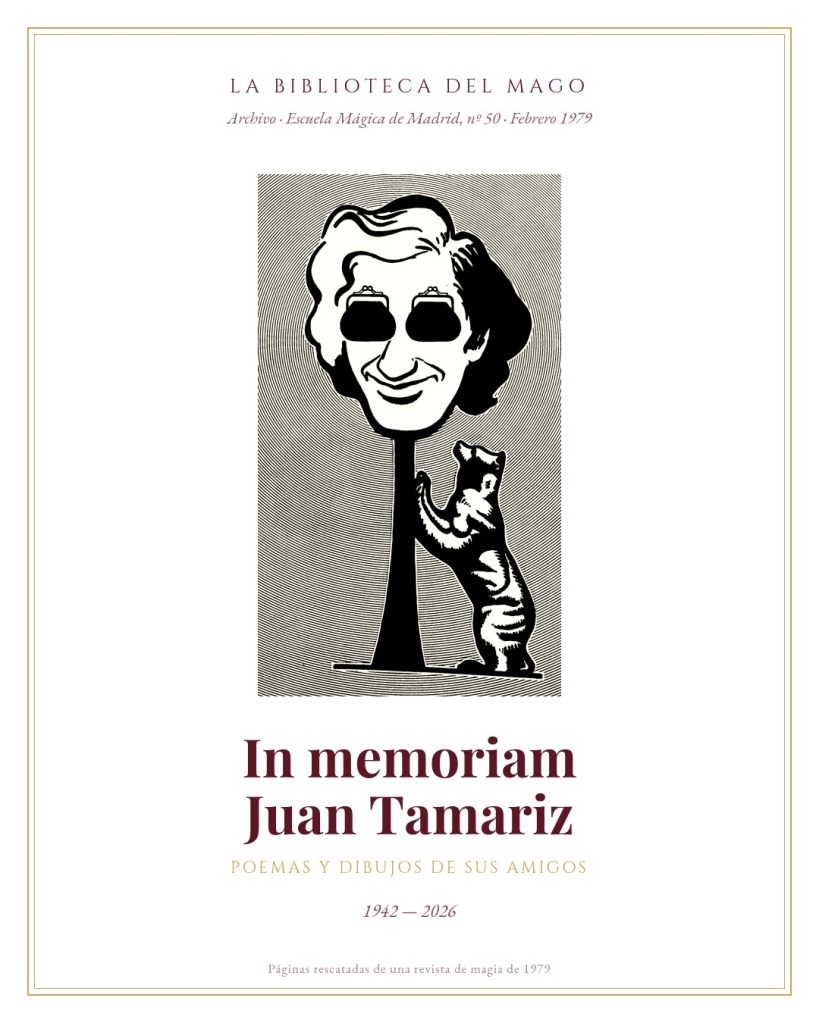 Caricatura de Juan Tamariz como árbol con un gato, publicada en la revista Escuela Mágica de Madrid nº 50, febrero de 1979