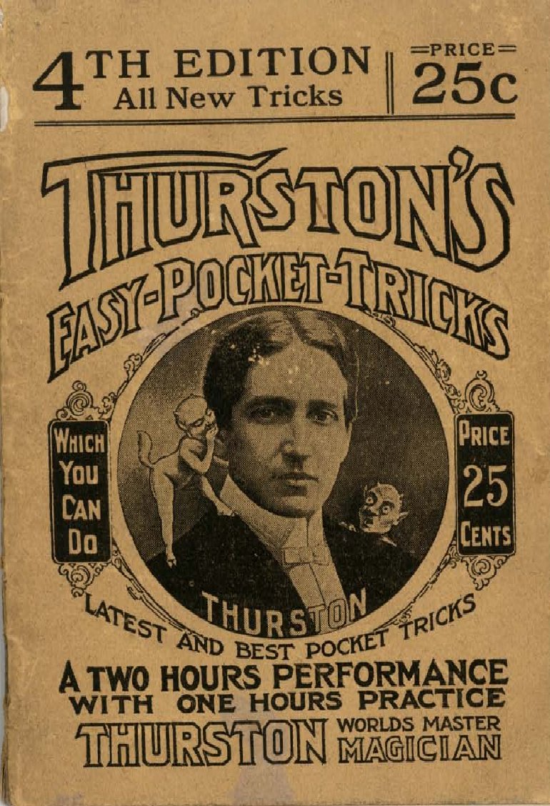 Portada del folleto Thurston's Easy Pocket Tricks, cuarta edición, 1915, con retrato de Howard Thurston y dos diablillos